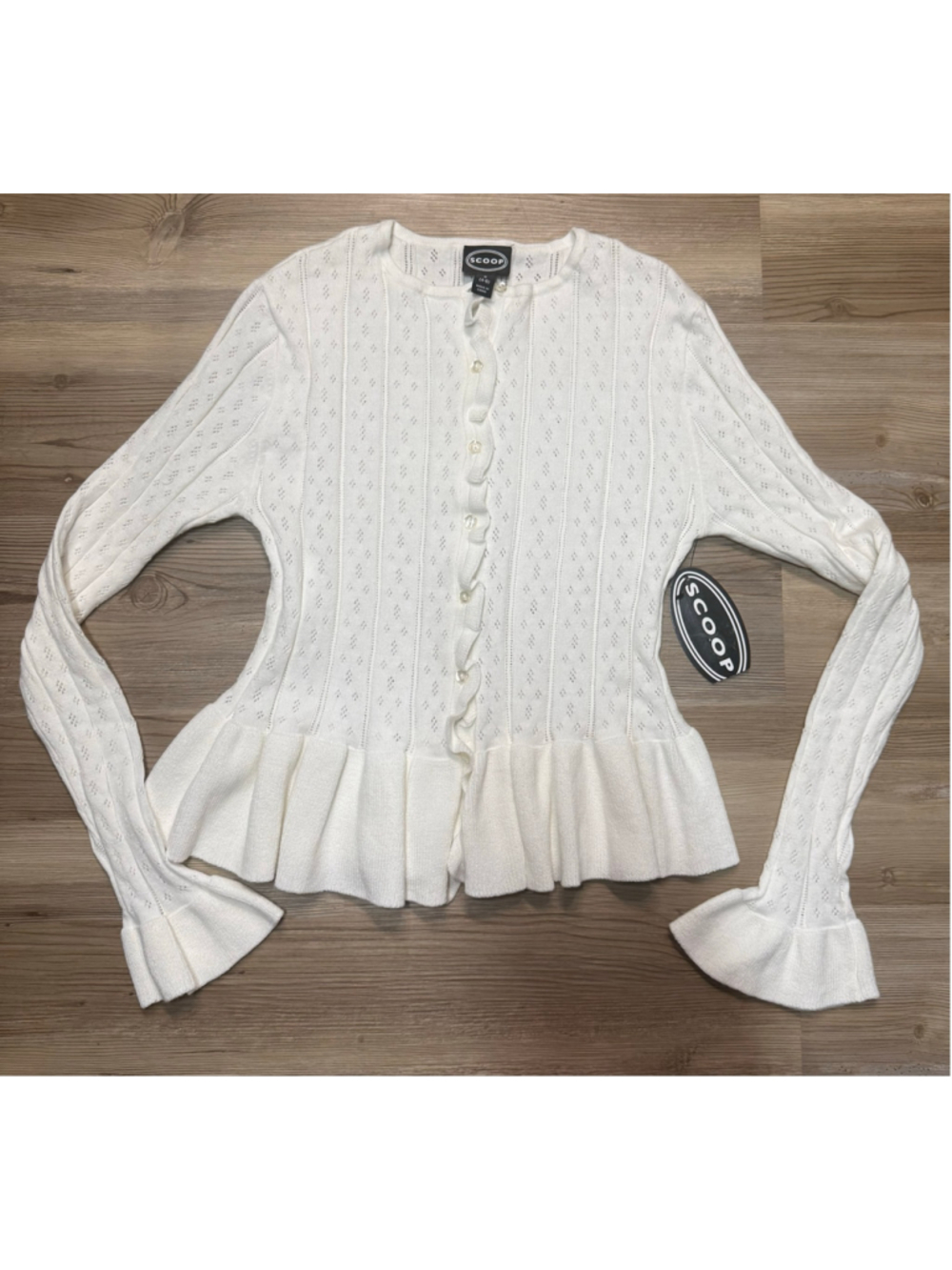 Scoop pointelle cable-knit peplum cardigan sz Sm